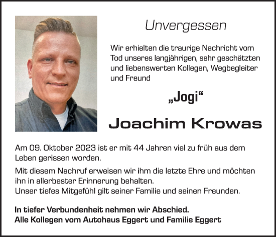 Traueranzeige von Joachim Krowas von Ostsee-Zeitung GmbH