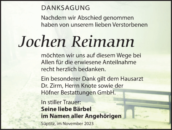 Traueranzeige von Jochen Reimann von Torgauer Zeitung