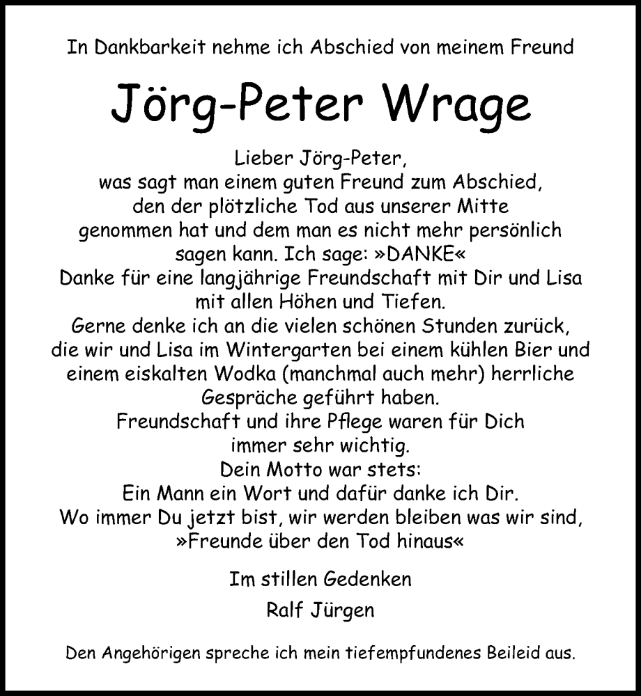  Traueranzeige für Jörg-Peter Wrage vom 22.11.2023 aus Lübecker Nachrichten