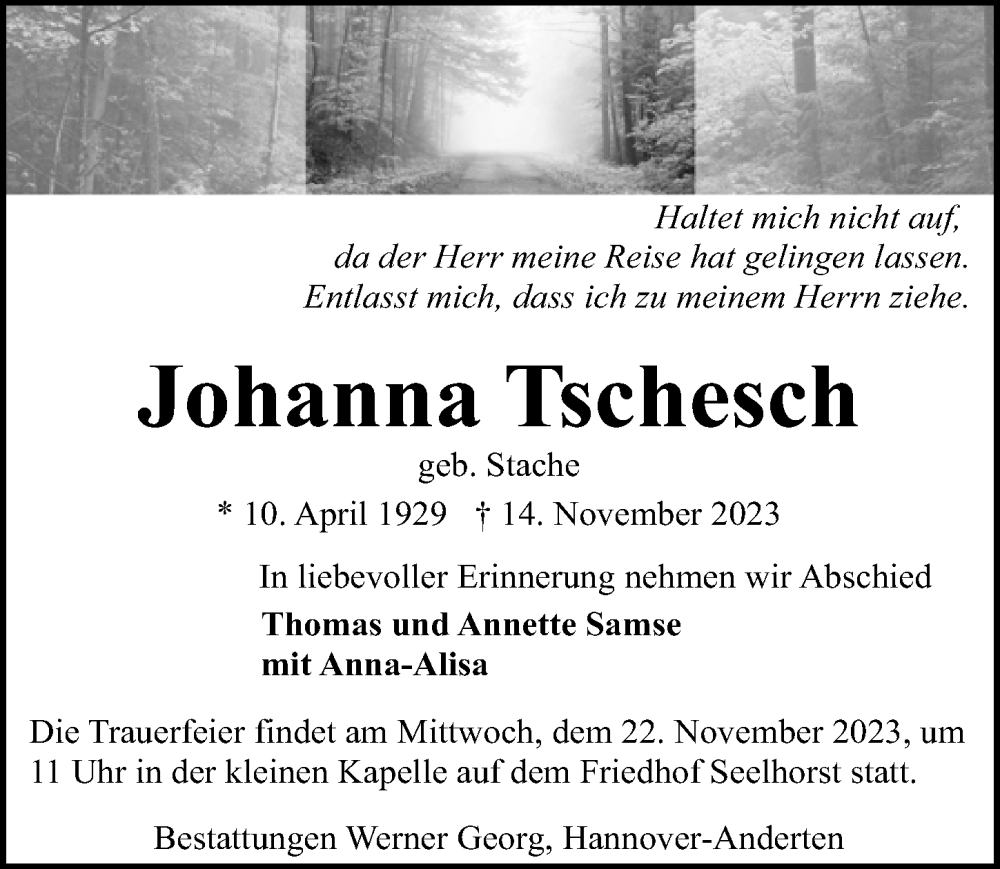  Traueranzeige für Johanna Tschesch vom 18.11.2023 aus Hannoversche Allgemeine Zeitung/Neue Presse