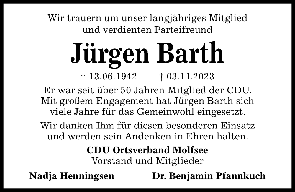  Traueranzeige für Jürgen Barth vom 11.11.2023 aus Kieler Nachrichten