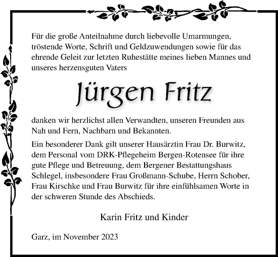 Traueranzeige von Jürgen Fritz von Ostsee-Zeitung GmbH