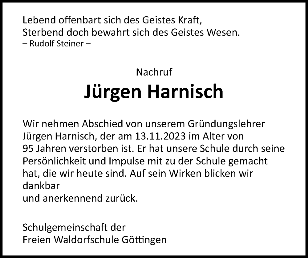  Traueranzeige für Jürgen Harnisch vom 25.11.2023 aus Göttinger Tageblatt