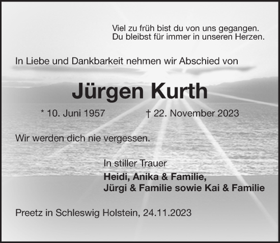 Traueranzeige von Jürgen Kurth von Ostsee-Zeitung GmbH