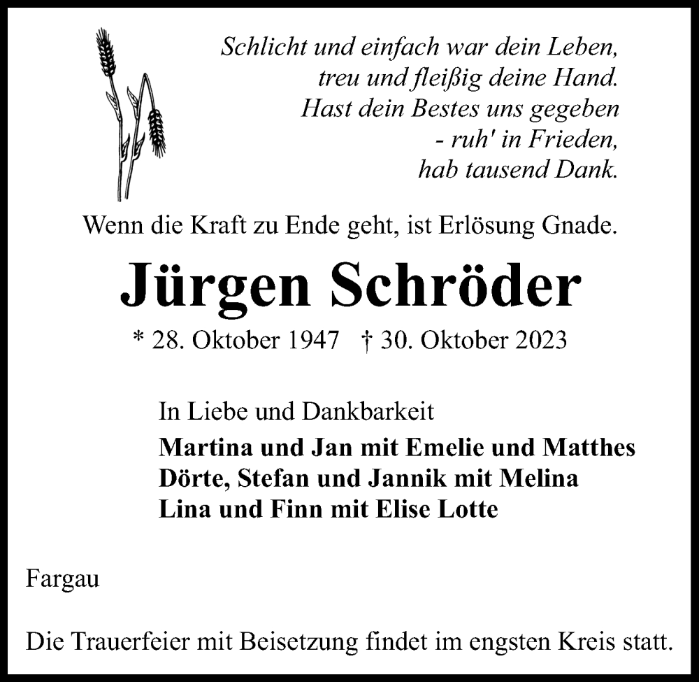  Traueranzeige für Jürgen Schröder vom 04.11.2023 aus Kieler Nachrichten