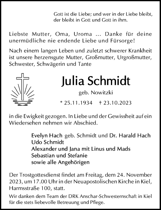 Traueranzeige von Julia Schmidt von Kieler Nachrichten