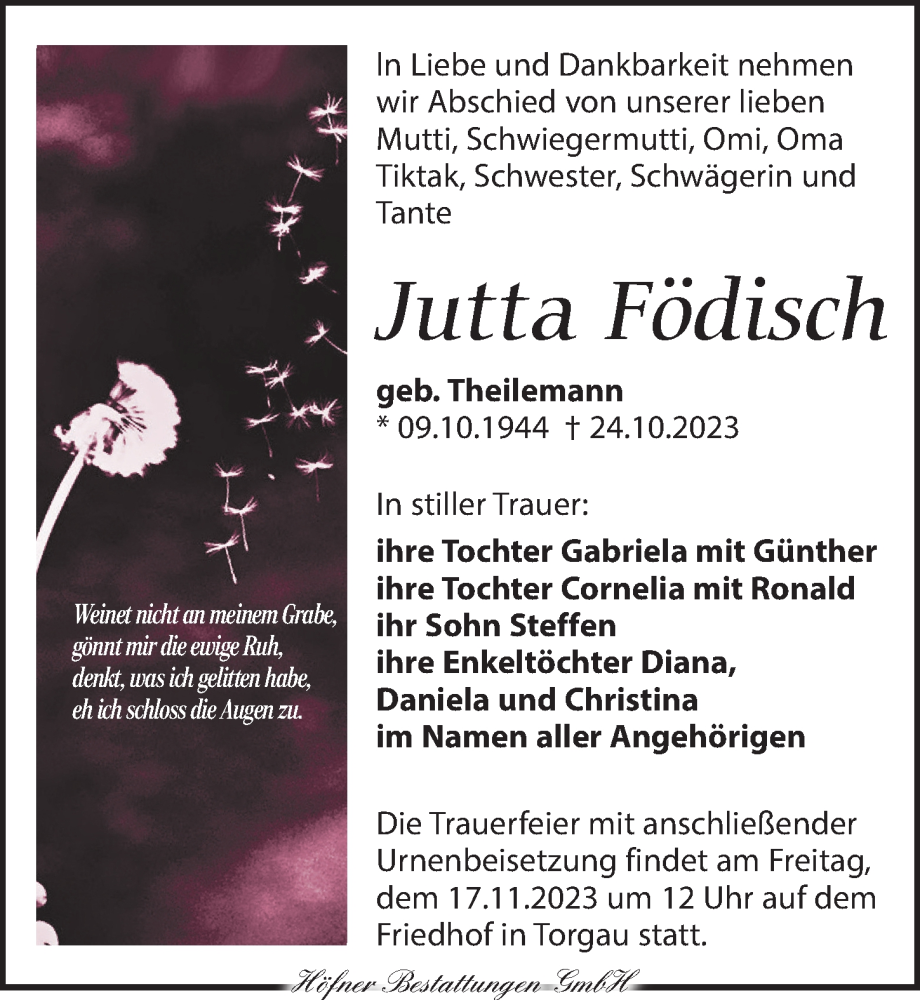  Traueranzeige für Jutta Födisch vom 04.11.2023 aus Torgauer Zeitung