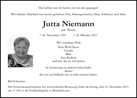 Traueranzeige von Jutta Niemann von Lübecker Nachrichten