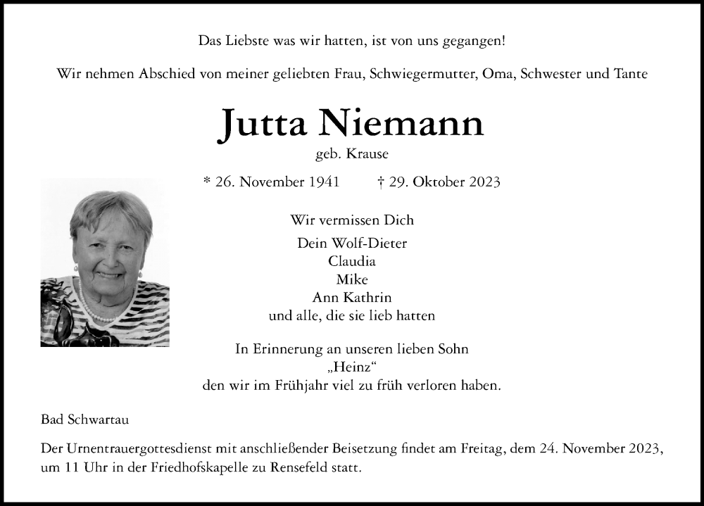 Traueranzeige für Jutta Niemann vom 19.11.2023 aus Lübecker Nachrichten