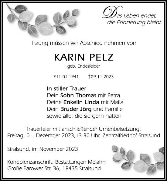 Traueranzeige von Karin Pelz von Ostsee-Zeitung GmbH