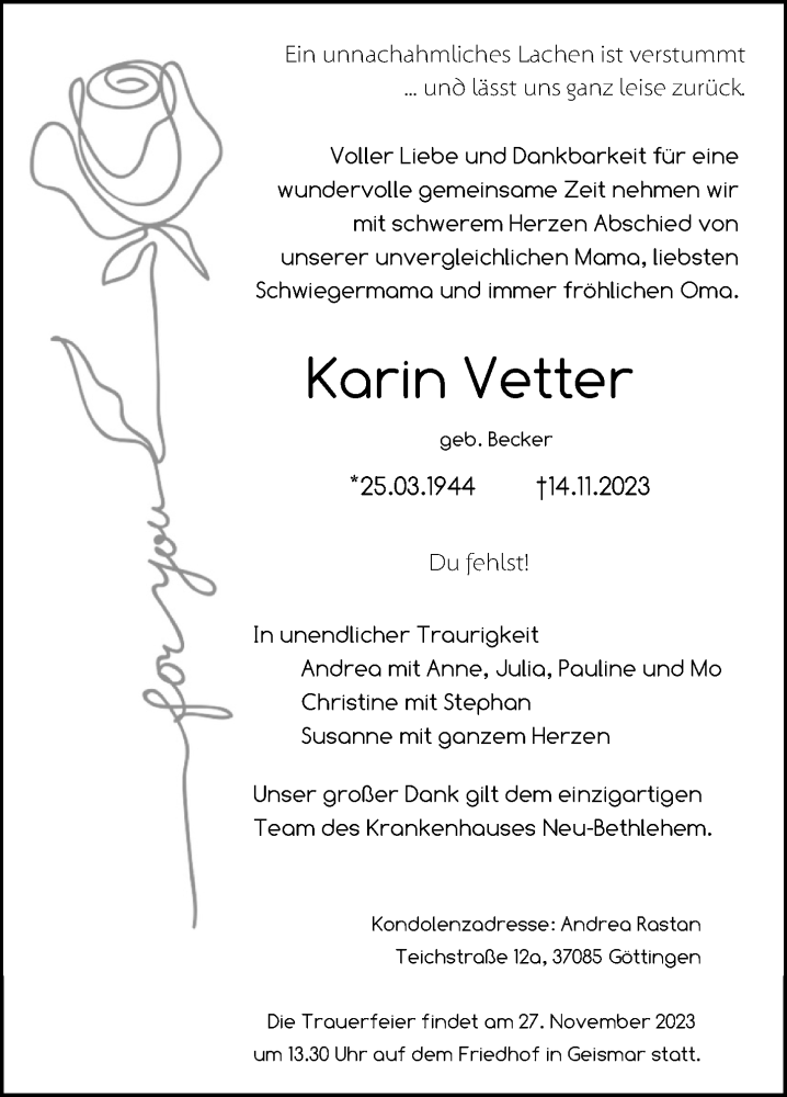  Traueranzeige für Karin Vetter vom 18.11.2023 aus Göttinger Tageblatt