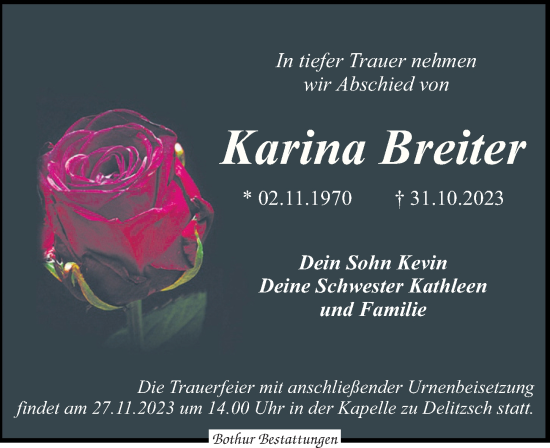 Traueranzeige von Karina Breiter von Leipziger Volkszeitung