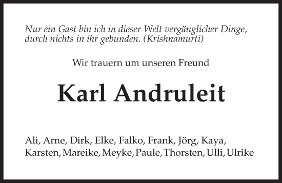 Traueranzeige von Karl Andruleit von Kieler Nachrichten