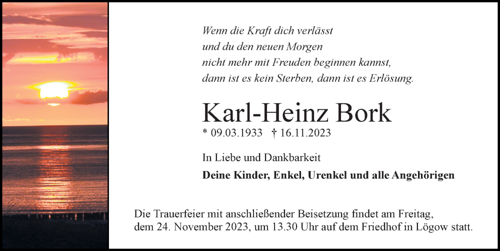  Traueranzeige für Karl-Heinz Bork vom 18.11.2023 aus Märkischen Allgemeine Zeitung
