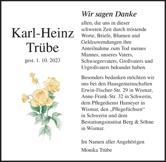 Traueranzeige von Karl-Heinz Trübe von Ostsee-Zeitung GmbH