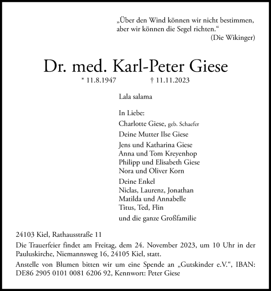 Traueranzeige von Karl-Peter Giese von Kieler Nachrichten