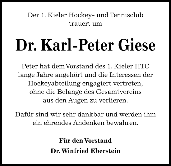 Traueranzeige von Karl-Peter Giese von Kieler Nachrichten