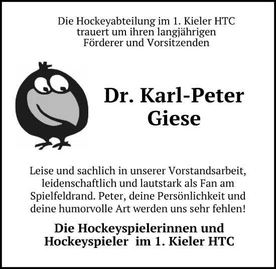 Traueranzeige von Karl-Peter Giese von Kieler Nachrichten