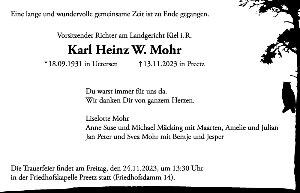 Traueranzeige für Karl Heinz W. Mohr vom 18.11.2023 aus Kieler Nachrichten