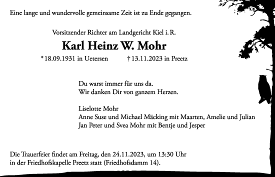 Traueranzeige von Karl Heinz W. Mohr von Kieler Nachrichten