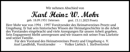 Traueranzeige von Karl Heinz W. Mohr von Kieler Nachrichten