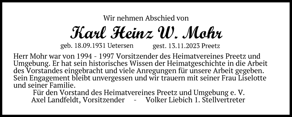  Traueranzeige für Karl Heinz W. Mohr vom 24.11.2023 aus Kieler Nachrichten