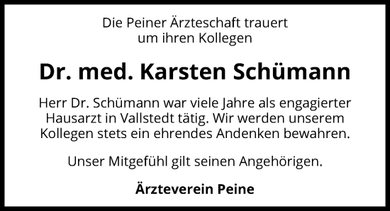 Traueranzeige von Karsten Schümann von Peiner Allgemeine Zeitung