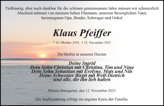 Traueranzeige von Klaus Pfeiffer von Ostsee-Zeitung GmbH