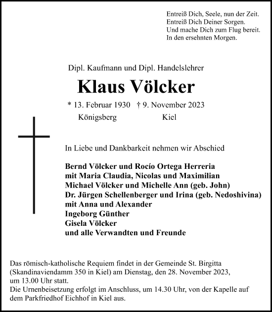 Traueranzeige von Klaus Völcker von Kieler Nachrichten