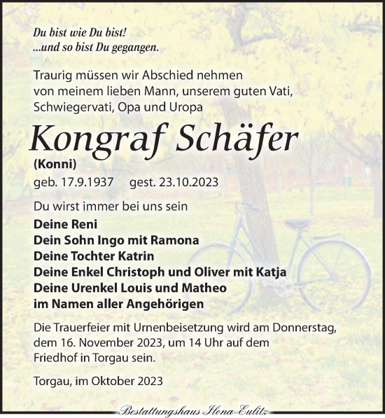 Traueranzeige von Kongraf Schäfer von Torgauer Zeitung