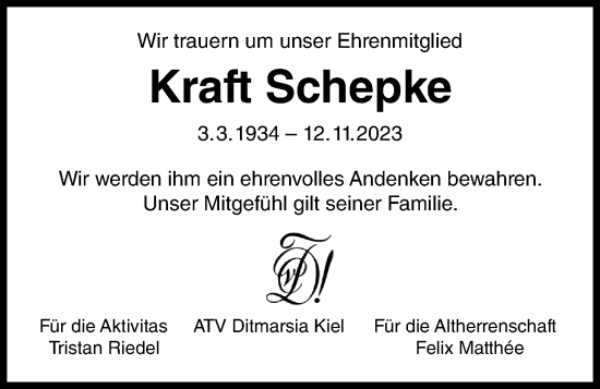 Traueranzeige von Kraft Schepke von Kieler Nachrichten