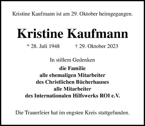 Traueranzeige von Kristine Kaufmann von Lübecker Nachrichten
