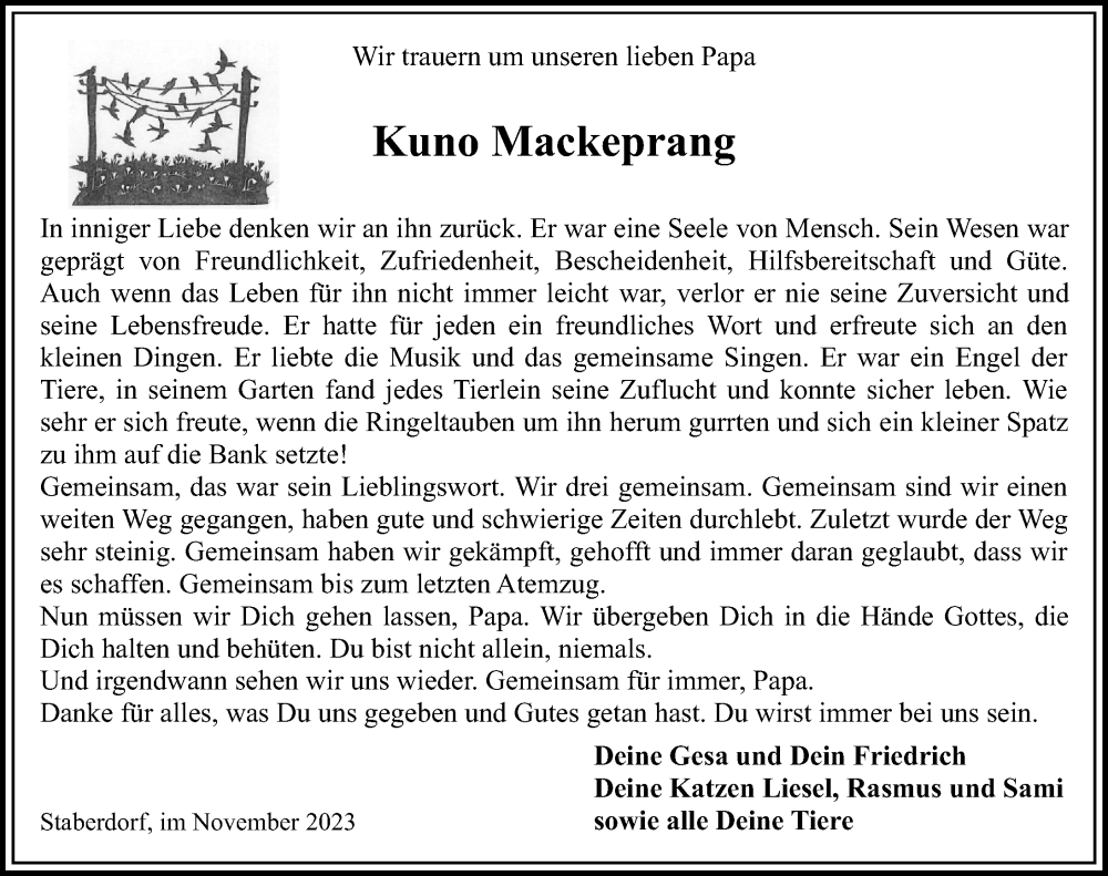  Traueranzeige für Kuno Mackeprang vom 21.11.2023 aus Lübecker Nachrichten