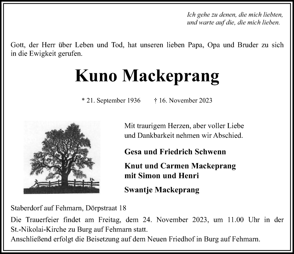  Traueranzeige für Kuno Mackeprang vom 21.11.2023 aus Lübecker Nachrichten