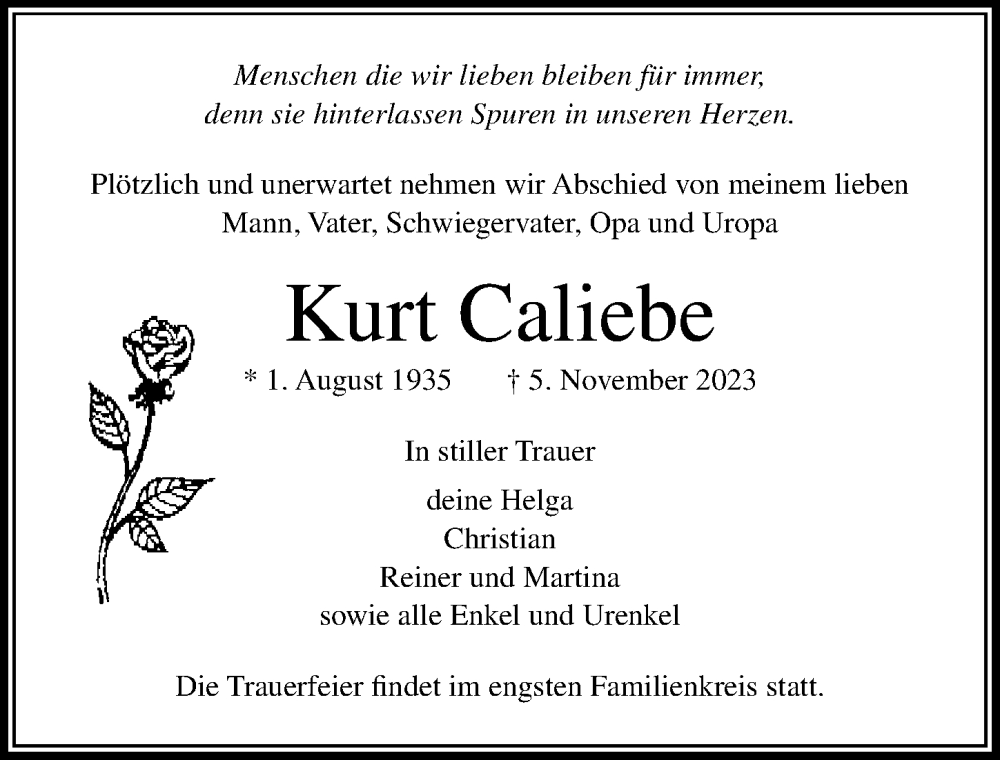  Traueranzeige für Kurt Caliebe vom 12.11.2023 aus Lübecker Nachrichten