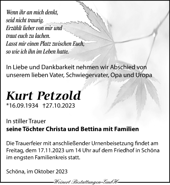 Traueranzeige von Kurt Petzold von Torgauer Zeitung