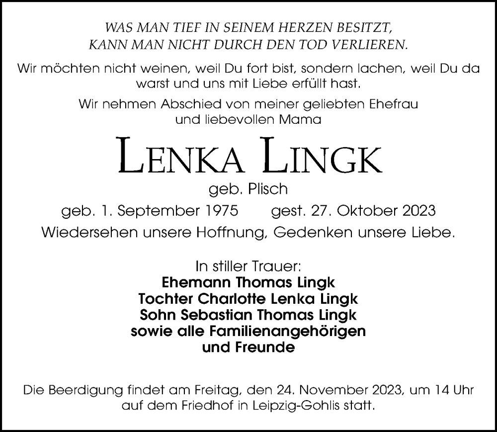  Traueranzeige für Lenka Lingk vom 18.11.2023 aus Leipziger Volkszeitung