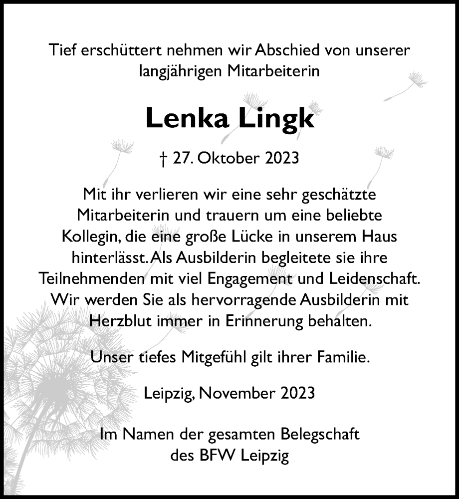  Traueranzeige für Lenka Lingk vom 18.11.2023 aus Leipziger Volkszeitung