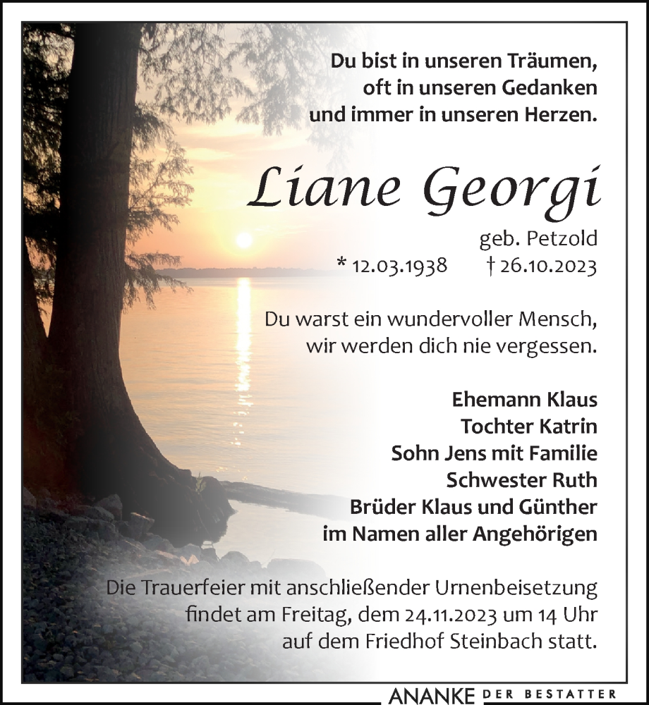  Traueranzeige für Liane Georgi vom 11.11.2023 aus Leipziger Volkszeitung