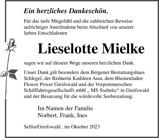 Traueranzeige von Lieselotte Mielke von Ostsee-Zeitung GmbH
