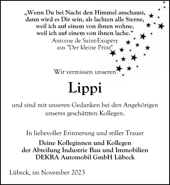 Traueranzeige von Lippi  von Lübecker Nachrichten
