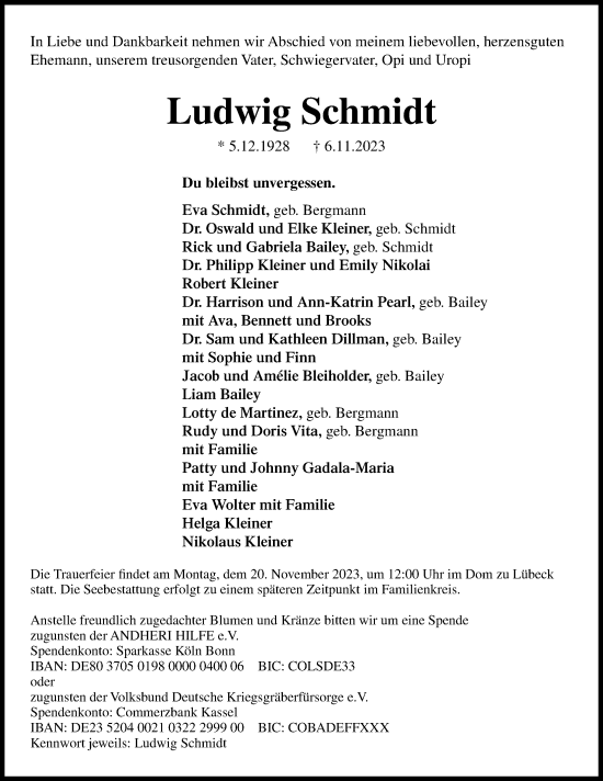 Traueranzeige von Ludwig Schmidt von Lübecker Nachrichten