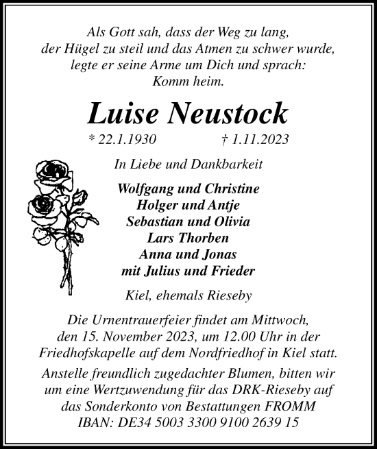 Traueranzeige von Luise Neustock von Kieler Nachrichten