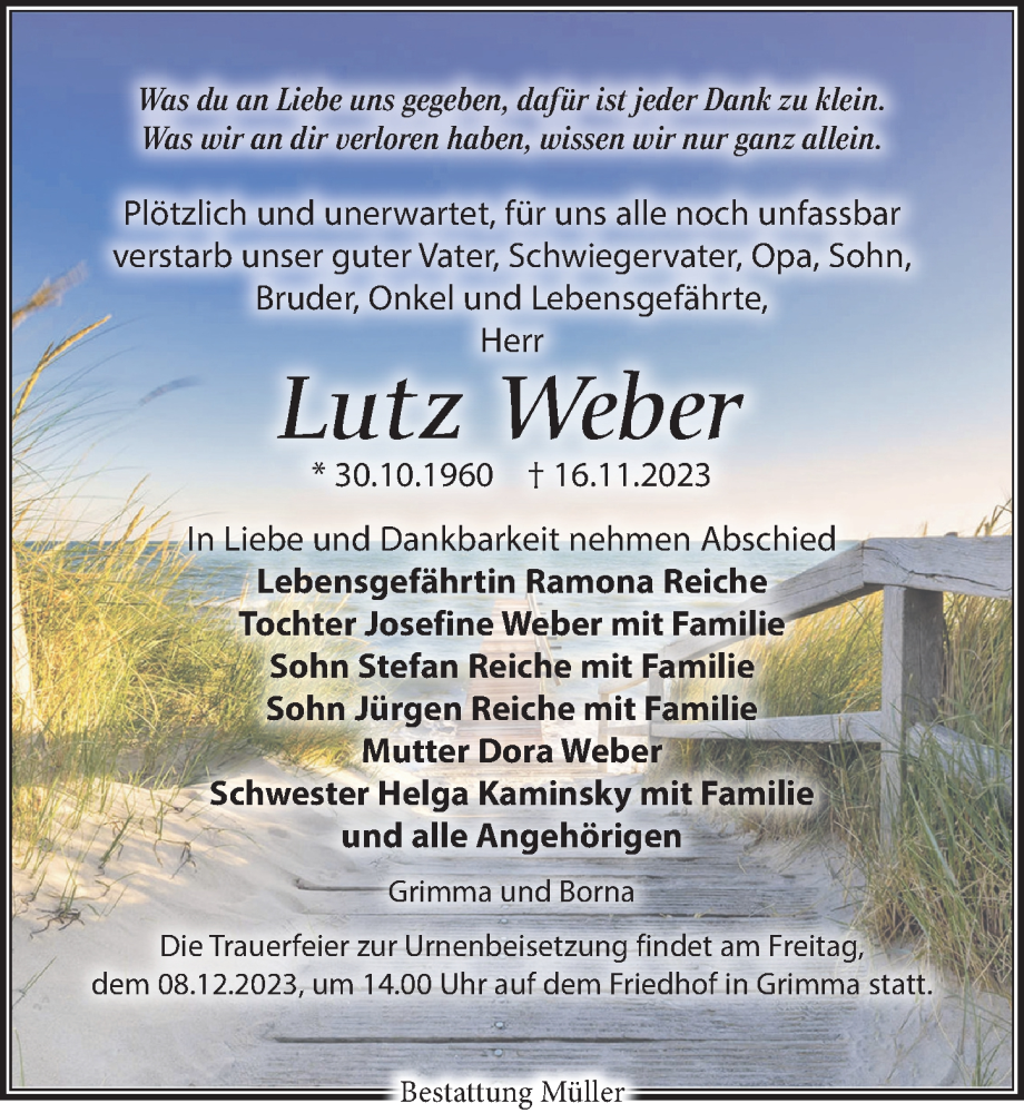  Traueranzeige für Lutz Weber vom 18.11.2023 aus Leipziger Volkszeitung