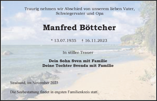 Traueranzeige von Manfred Böttcher von Ostsee-Zeitung GmbH