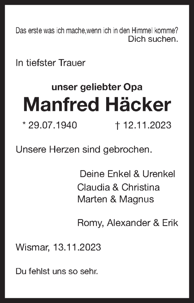  Traueranzeige für Manfred Häcker vom 18.11.2023 aus Ostsee-Zeitung GmbH