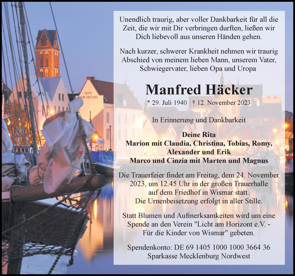  Traueranzeige für Manfred Häcker vom 18.11.2023 aus Ostsee-Zeitung GmbH