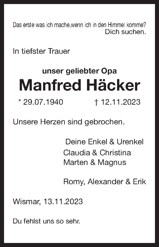 Traueranzeige von Manfred Häcker von Ostsee-Zeitung GmbH