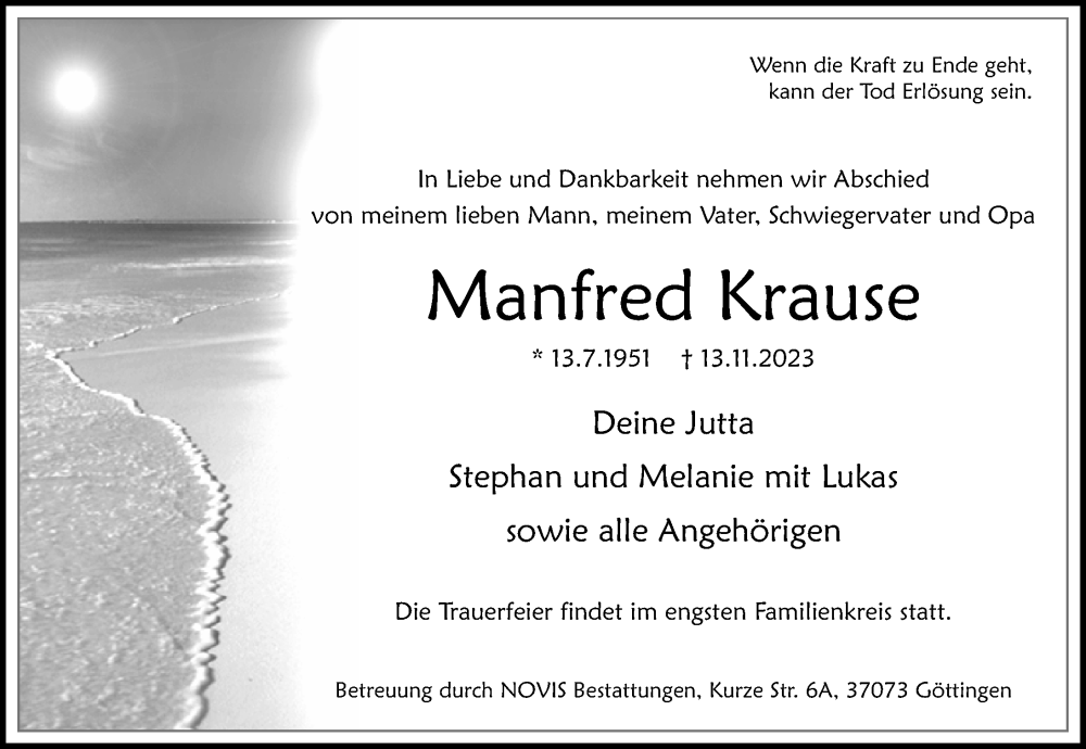  Traueranzeige für Manfred Krause vom 18.11.2023 aus Göttinger Tageblatt