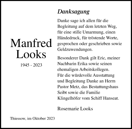 Traueranzeige von Manfred Looks von Ostsee-Zeitung GmbH